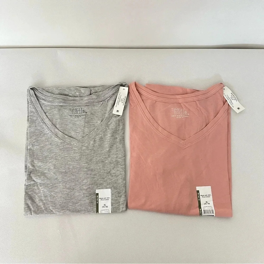 Lot of 2 T-Shirt Pima Cotton V-Neck Size XLarge (16-18) Relaxed Fit Grey & Pink